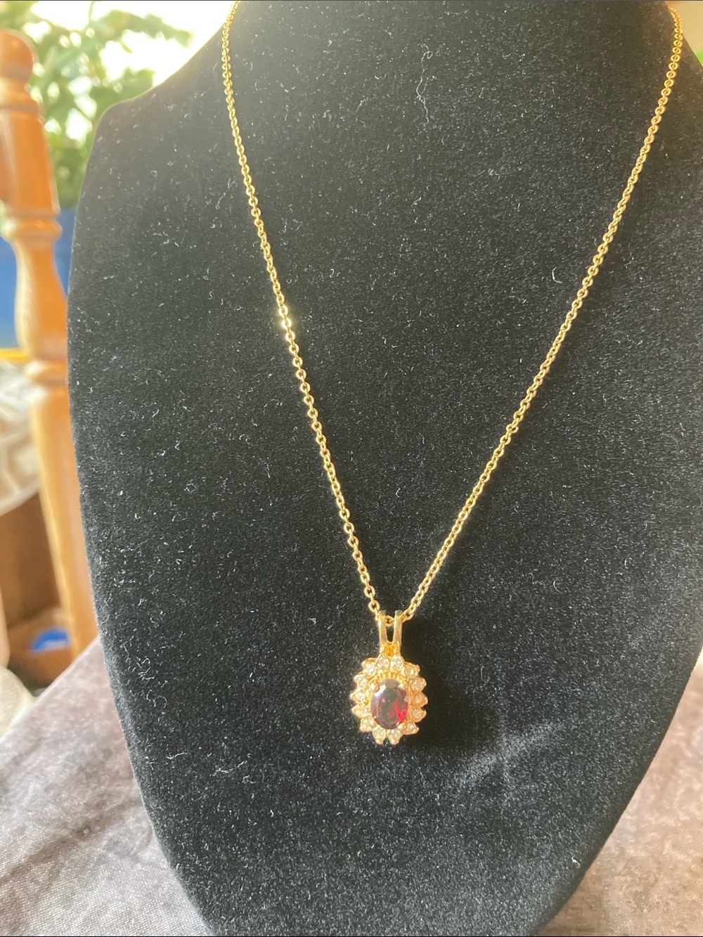 Gold Tone Chain Necklace with Red Garnet-Style Pendant